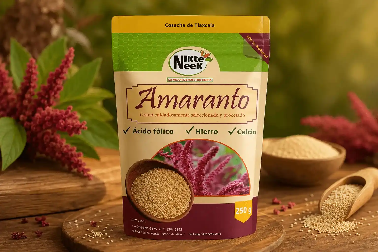 Mockup profesional del empaque de amaranto Nikte Neek