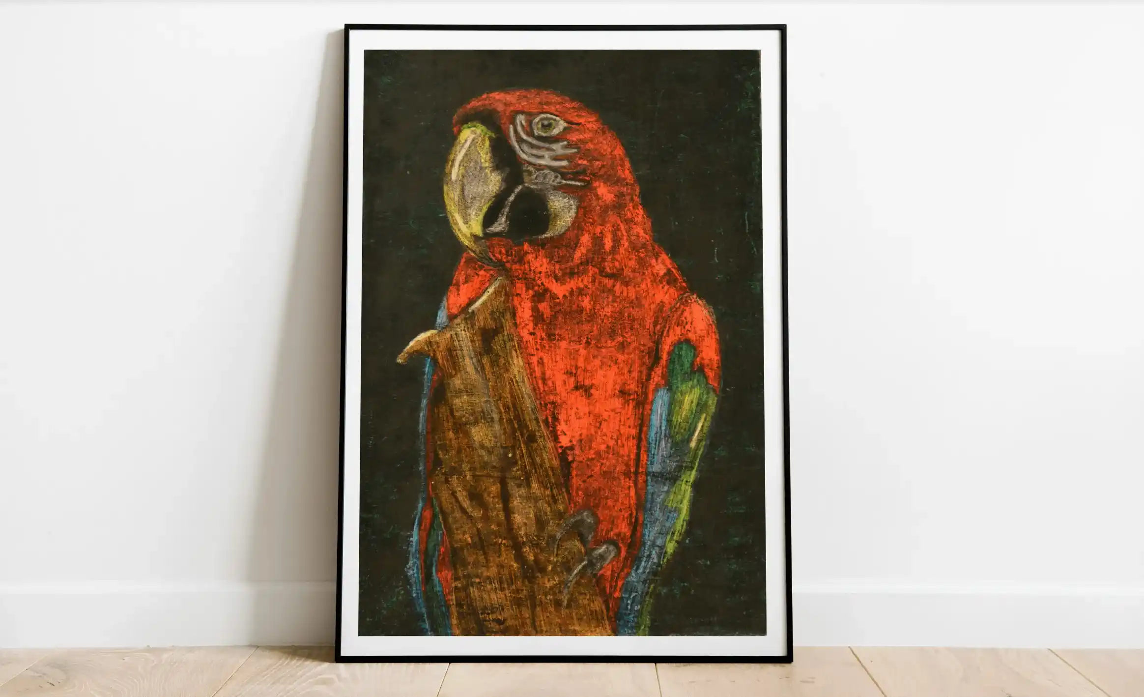 Guacamaya realizada con óleo pastel y tinta china