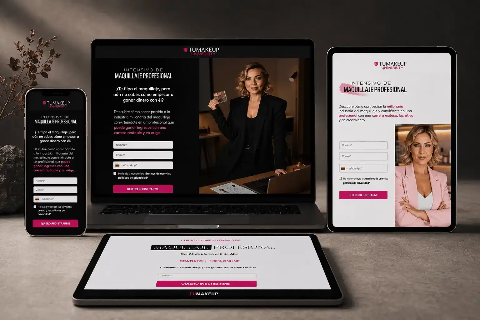 Tres variantes responsive de landing pages TuMakeup University
