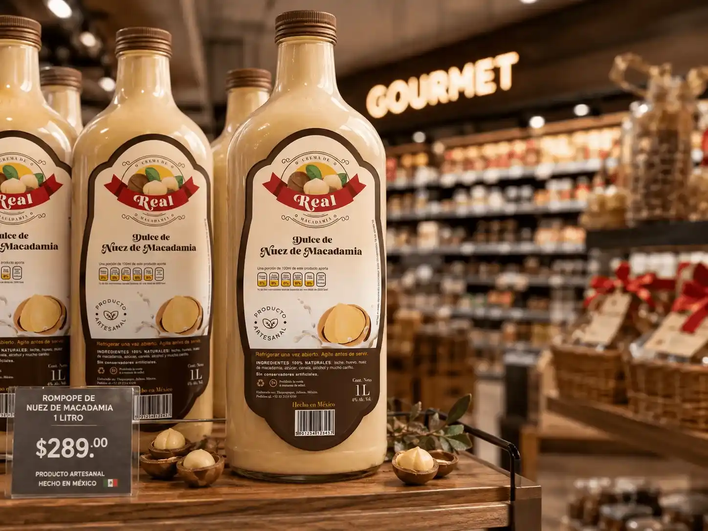 Bebida de nuez de macadamia exhibida en punto de venta