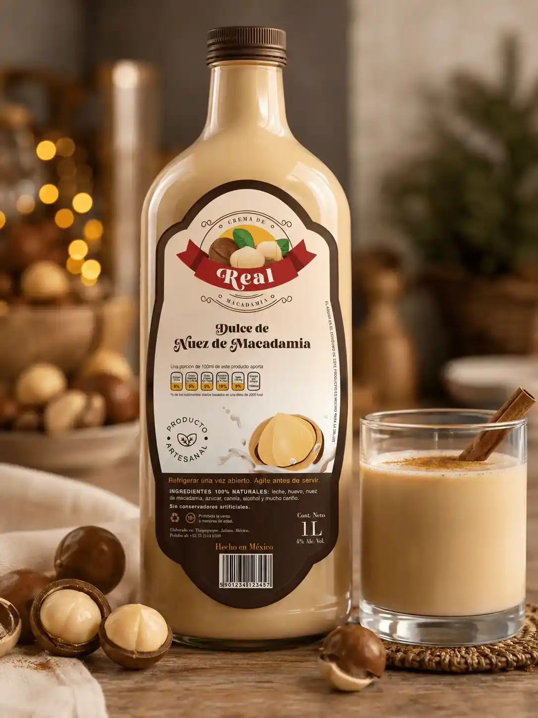 Botella de bebida artesanal de nuez de macadamia con etiqueta diseñada