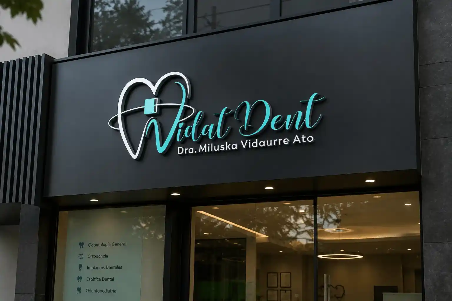 Aplicación de identidad Vidat Dent en fachada